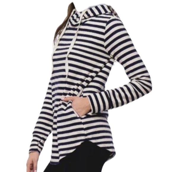 Tea N Rose Navy Blue and Cream Striped Terry Hoodie Size Small - Picture 2 of 16